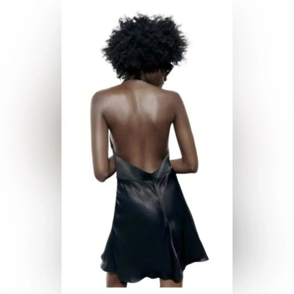Zara Satin Effect Fluid Cowl Neck Mini  Dress NWT Black Size Medium - Picture 2 of 9